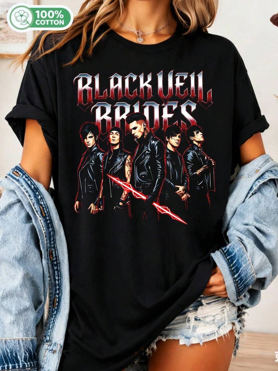 Retro Black Veils Brides Sweatshirt, BVB Band T-Shirt, Metal Music Merchandise, Unisex Rocker Top, 2026 TEE Graphic T-Shirt - 黑色 - 查看 1