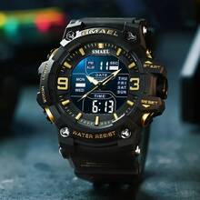 SMAEL 8049 LED Sports Alarm Clock Dual Time Display Waterproof Auto Date Quartz Watches - Verde militar - Ver 3