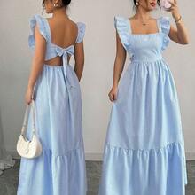 Vestido casual de mujer con cuello cuadrado, estampado de rayas y dobladillo con volantes DG - Azul - Ver 2