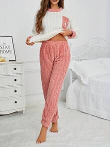 Bộ đồ ngủ nữ thu đông dễ thương gồm áo tay dài thêu hình trái tim có túi và quần dài jacquard dáng rộng thoải mái - Đỏ - Xem 6