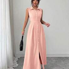 Vestido de línea A con cintura ceñida, cuello redondo y sin mangas, elegante y romántico para vacaciones de verano de mujer - Rosa Pálido - View 10