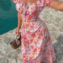 xuehuamaoyi02  Vestido largo con cuello cuadrado, mangas abultadas y fruncido, estilo coreano, con estampado floral naranja, para mujer. Vestido largo y ajustado, ideal para vacaciones, uso diario y streetwear de verano. - Rosa - Ver 1