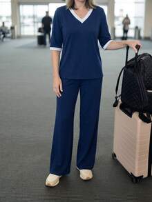 Bộ đồ hai mảnh mùa hè cho nữ màu xanh navy, áo cổ chữ V viền trắng, quần cạp dây rút, thoải mái mặc hàng ngày. - Xanh đậm - Xem 2