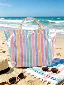 1pc PVC Waterproof Striped Tote Bag For Women, Large Capacity Hand-Carried Vacation Tote, Suitable For Beach - Multicolor - View 4
