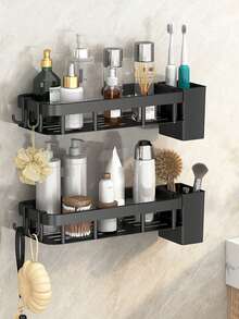 1 pieza Estante de baño de aleación de aluminio, toallero, estante de almacenamiento montado en la pared para champú y cosméticos, organizador de ducha, estante de almacenamiento sobre el fregadero de la cocina - Negro - Ver 7