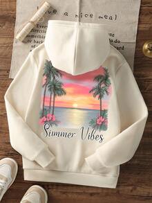 Girls Coastal Sunset Palm Tree Graphic Hoodie Casual Loose Fit Fall Sweatshirt - Apricot - View 3