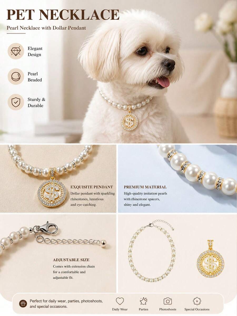 1pc Luxury Pearl Pet Necklace, Gold Coin Pendant Collar For Small Dogs Cats, Fashion Accessory Kawaii Aesthetic Pearl Pet Collar, Shiny Gold Coin Pendant Necklace For Dogs Cats, Pet Jewelry - Multicolor - View 1