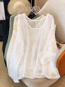 Women's Boho Vintage White Crochet Hollow Out Long Sleeve Round Neck Crop Cover Up, Semi-Sheer Vacation Romantic Style Top - Màu trắng - Hình tròn - Xem 2