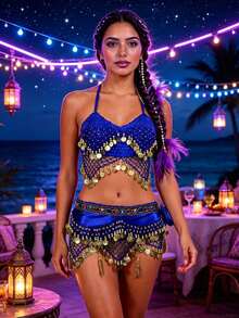 Performance Belly Dance Net Halter Top With Dangling Coins, Mesh Coin Tassel Hip Wrap Scarf - Multicolor - View 8
