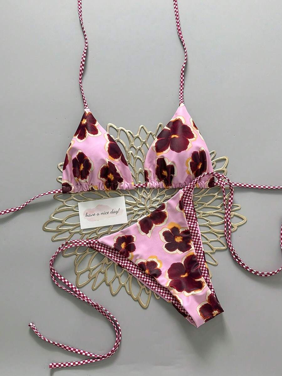 2 piezas Bikini con estampado retro de flores, bloques de color y cuadros, adecuado para la playa, la piscina, los cruceros y las fiestas en las vacaciones de primavera y verano - rosa y morado - Ver 1