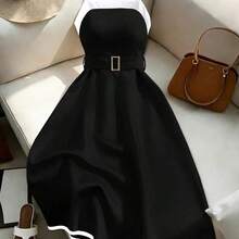 dahkjdgajy  Vestido corto negro y blanco para mujer, vestido rojo con cinturón para primavera/verano, vestido de moda elegante y chic, vestido de mujer elegante, vestido formal de alta calidad para mujer - Rojo y negro - Ver 7