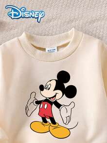 Disney Minnie Mouse 2Pcs Spring/Autumn Infant Girls Long Pants Set, Cartoon "Minnie Mouse" Cute Print Long Sleeve Top, Elastic Waist Solid Color Straight Leg Flare Pants, Children's Daily Outdoor Casual Entertainment, Skin-Friendly Baby Girl Clothing, Girls Fashion Simple Elegant Vibrant - Apricot - View 3