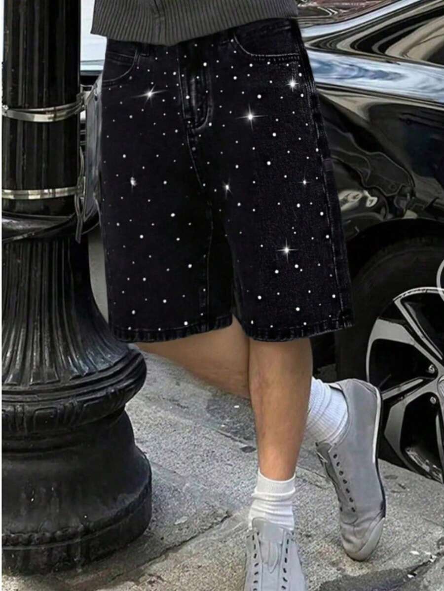 Men's Fashion Rhinestone Loose Wide Leg Denim Shorts