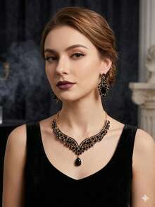 Bộ trang sức nữ 3 món phong cách Baroque cổ điển sang trọng màu đen đính đá rhinestone hình giọt nước gồm dây chuyền và bông tai, bộ trang sức thanh lịch cho tiệc chiêu đãi và tiệc tùng - màu đen - Xem 4