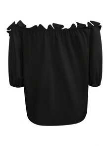 Nueva Camisa Elegante de Hombros Descubiertos con Estampado Floral 3D en Color Sólido y Versátil para Mujer - Primavera/Verano - Negro - Ver 2
