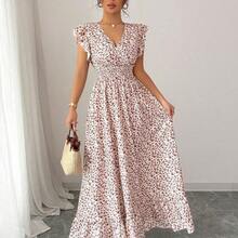 Nuevo vestido casual de vacaciones para mujer con mangas de campana, cintura ceñida, volantes en el bajo y estampado floral fruncido AG - Azul - Ver 6