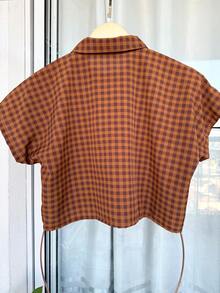 ELLIE Casual Striped Printed Loose Cropped Shirt - 棕色格子 - 查看 5
