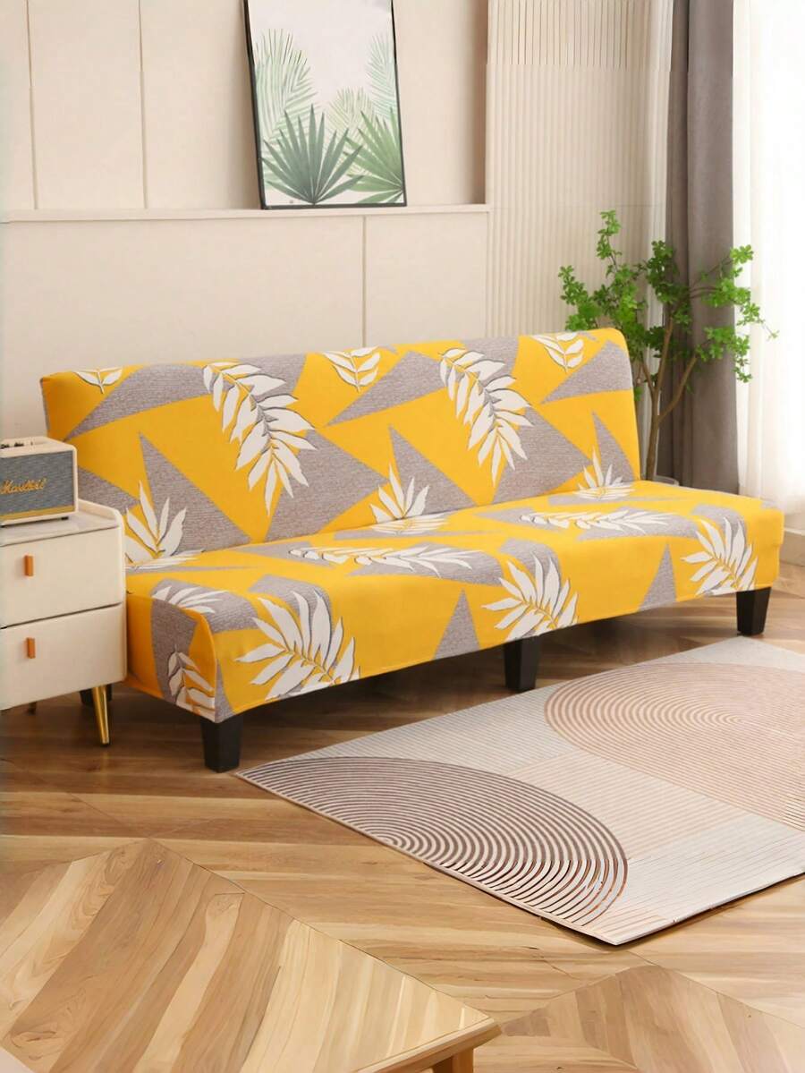 Elastic Sofa Bed Cover, Yellow Leaf Print, Armless Sofa Cover, Protective Cover, Machine Washable, Simple Home Decoration - Yellow - View 1