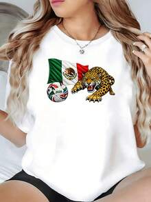 Fashionable Ferocious  Advancing Alongside The Mexican Flag And A Ball With The Number Symbolizes Strength, National Pride, And Passion For Football. Elegant Casual Women's T-Shirt For Mexican Fans. New Summer Women's T-Shirt, Casual And Comfortable Crew Neck Top - 白色的 - 查看 1