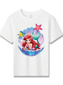 Disney Li Ttle Mermaid Ariel Flounder Starfish Print Girls Tee Cute Comfy All Year Great For Parties Play Washable Lovely Gift For Girls - White - View 2