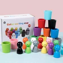 木製玩具杯子與插桿玩偶 3歲以上蒙特梭利玩具 幼兒園木製配對遊戲 學習顏色分類與計數 - 彩色 - 查看 7
