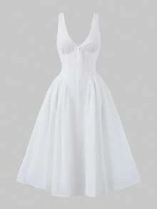 Elegant Charming Casual Romantic Wedding Party Holiday Lace-Up Date Dress White - White - View 9