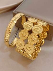 Luxury Vintage Coin Badge Wide Bangle Bracelet For Women, Stainless Steel Jewelry Set, Beach Summer Boho Mom Gifts,For Daily Party Birthday Valentine - Multicolor - View 5