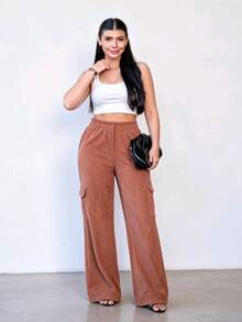 Comfortable Velvet Cargo Wide-Leg Pants For Winter - Camel - View 4