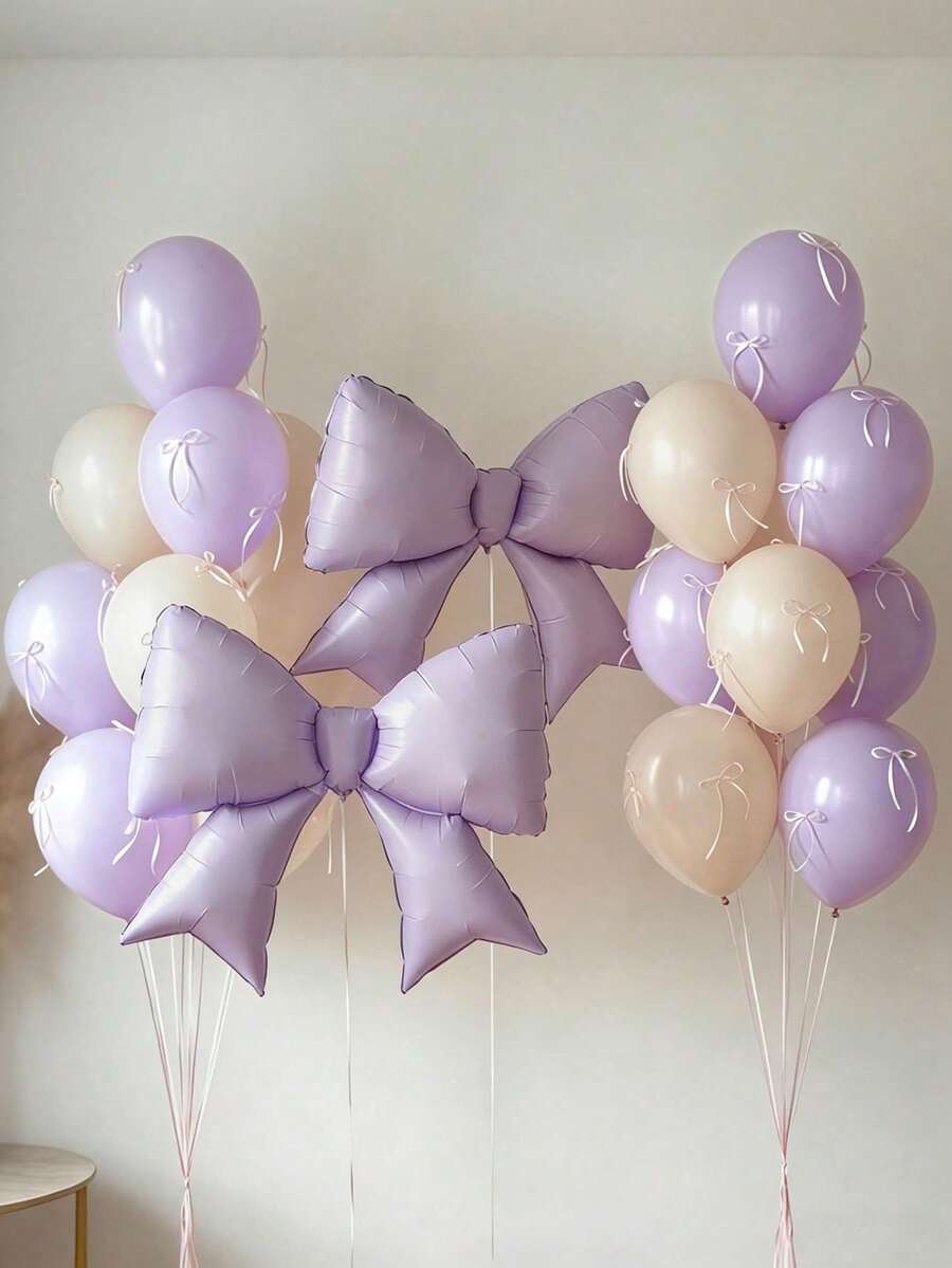 12/1pc Large Light Purple Bow Aluminum Foil Balloon, Purple Macaron Color Latex Balloon Set, Includes Ribbon And Glue Dot Accessories, Suitable For Wedding, Engagement, Anniversary, Princess Party, Birthday Decoration - A - View 1