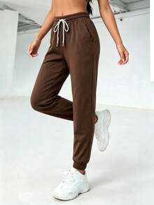 Straight-Leg Trousers With Elastic Waistband And Drawstring, Pleated, Solid Color, For Everyday Casual Wear, Spring/Summer - Coffee Brown - View 4