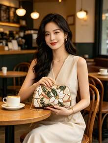 Vintage Champagne Sequin Floral Clutch Bag,Luxury Bag,Designer Inspired Handbag, For Wedding Party Bridesmaid Gift, Gold Clutch Purse,Vacation Purse - 金色 - 查看 5