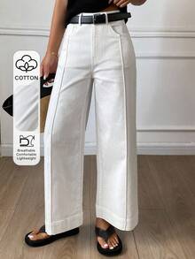 Pantalones holgados con vuelo y bolsillos para mujer, pantalones casuales de unicolor estilo callejero para otoño - Blanco - Ver 1