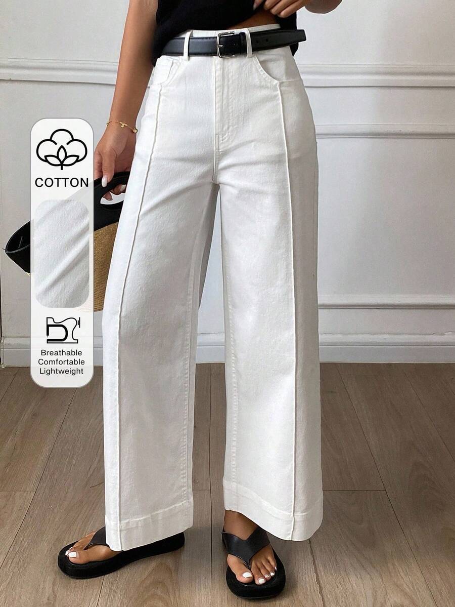Pantalones holgados con vuelo y bolsillos para mujer, pantalones casuales de unicolor estilo callejero para otoño - Blanco - Ver 1