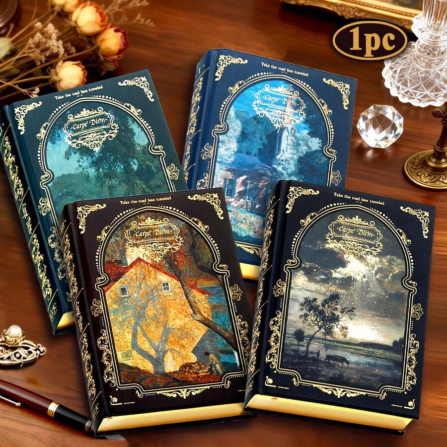 1Pc A5,192Pages,Hot-Stamped Oil Painting Landscape Pattern Hardcover Notebook, Vintage-Style Ruled Pages, Portable Travel Journal, Perfect Gift, School & Office Supplies, Creative Gift