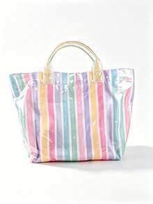 1pc PVC Waterproof Striped Tote Bag For Women, Large Capacity Hand-Carried Vacation Tote, Suitable For Beach - Multicolor - View 5