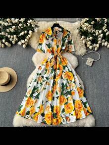 Elegant Women's Floral Print Dress With Short Sleeves, Lapel Collar, And Fitted Waist - Romantic Rose Design, Perfect For Spring Outings, Garden Parties, And Casual Events | Garden Party Dress | Floral Print Dress | Stylish Dress - 灰藍色 - 查看 11