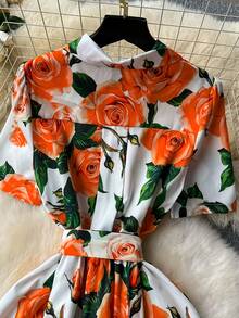 Elegant Women's Floral Print Dress With Short Sleeves, Lapel Collar, And Fitted Waist - Romantic Rose Design, Perfect For Spring Outings, Garden Parties, And Casual Events | Garden Party Dress | Floral Print Dress | Stylish Dress - 象牙白色 - 查看 4