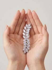1 pieza Elegante clip para el cabello con decoración de hoja de strass, pasador francés de estilo botánico en tono plateado, accesorio para el cabello de novia para boda y fiesta de mujeres - Plateado - Ver 4