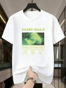 1 Piece, 100% Cotton Loose Fit T-Shirt, Casual Print T-Shirt, Silent Hill Game Graphic Tee, Spring, 100% Cotton, Art Print, Urban Hop, Breathable, Novelty, For Summer - 白色 - 查看 2