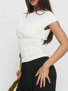 Women's Asymmetric Neck Ruched Top Sleeveless Off-Shoulder Bodycon Blouse For Night Out - White - View 4