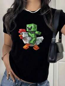 100% Cotton Camiseta de Mujer con Diseño Divertido Creeper Montando un Pollo Pixelado,Estilo Casual y Moderno,Perfecta para un Look Original y Cómodo. - Negro - Ver 1