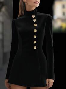 Vestido corto de manga corta, cuello alto, botones simples, de color liso, elegante y favorecedor para la figura - Negro - Ver 2