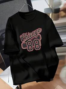 Camiseta Casual de Mujer con Estampado "Chicago 88", Cuello Redondo, Color Naranja nuevo estilo, casual. - Negro - Ver 4