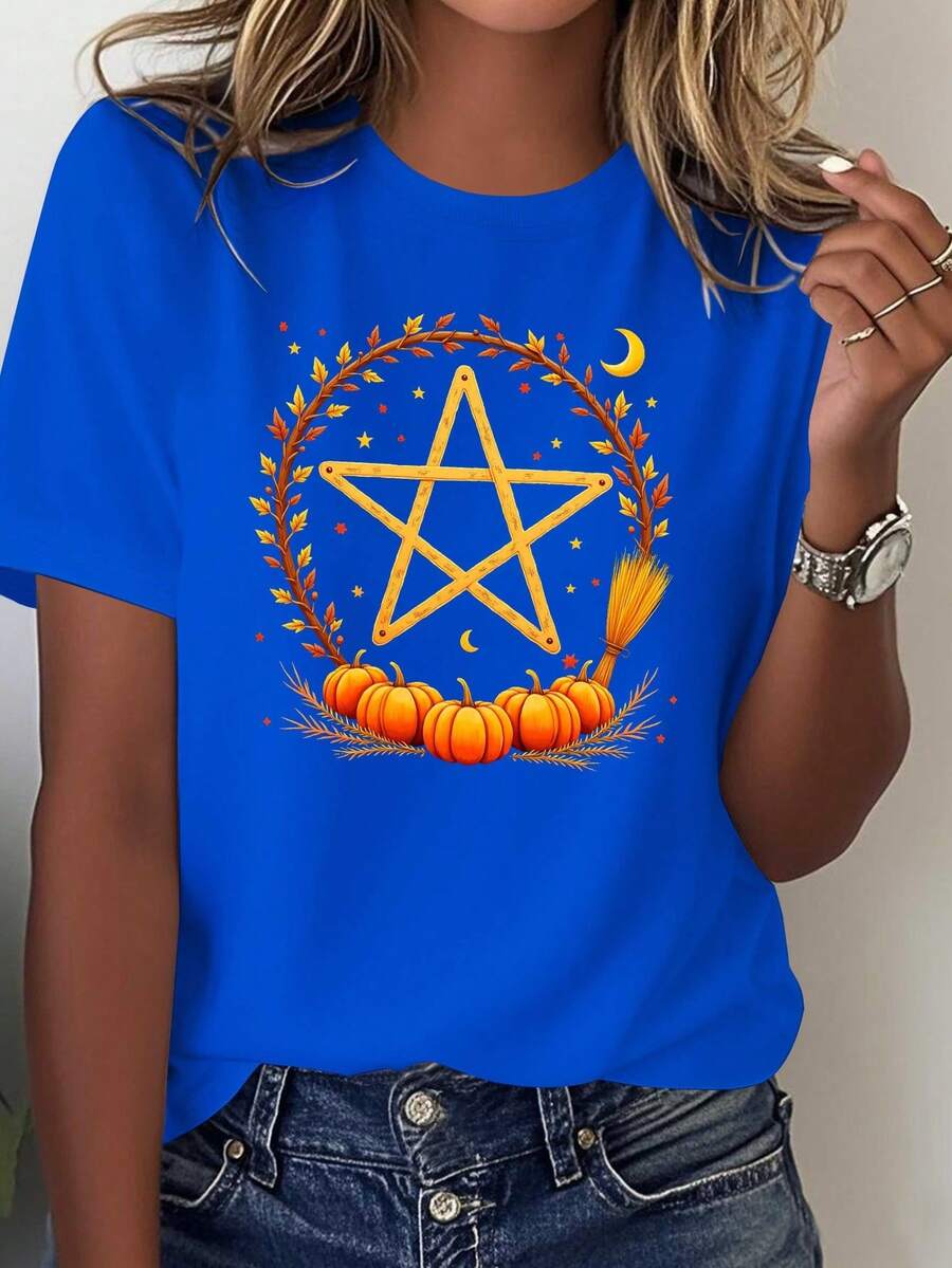 1 Women's T-Shirt With Pure Witchcraft Design - Mysterious Pentagram Symbol, Black And Gold Pentagram, Leaf Design Inspired By Witch Hats, Casual Pagan Clothing For All Seasons, Suitable For Wicca And Witchcraft Enthusiasts. Printed T-Shirt - 藍色 - 查看 1