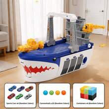 Shark Mega Wheel Container Cargo Ship Toy Car Playset Featuring Container Loading Dock, Car Launcher Cannon, Multi-Layer Parking Garage, Rotating Track Ramp & Mini Racing Cars For Boys Kids(Not Included 2 AA Batteries) - Multicolor - View 9