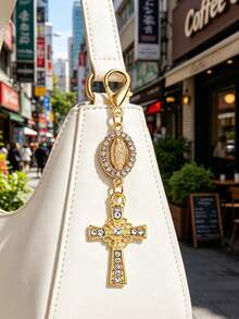 Christian Cross Pendant Keychain, Decorated With Pearls And Diamonds, Can Be Used As Amulet, Cross Keychain, Bag Charm, Cross Pendant, Wallet/Backpack Decorative Accessory, Earphone Case Accessory, Suitcase/Car Decorative Keychain With Ring Buckle - Multicolor - View 6
