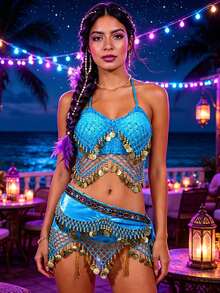 Performance Belly Dance Net Halter Top With Dangling Coins, Mesh Coin Tassel Hip Wrap Scarf - Multicolor - View 4