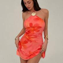 ghadjgyjad  Vestido mini con estampado floral y cuello halter con lazo, adecuado para vacaciones, citas y salidas - Rosa - Ver 7