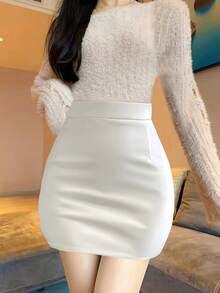Falda corta oriental marrón pequeña de PU, de cintura alta, ajustada, que abraza los glúteos, de moda simple - [Blanco] - Ver 4