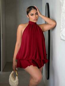 Elegant Women's Mini Dress With Halter Neck And Bow In Light Yellow - Bordeaux - View 1